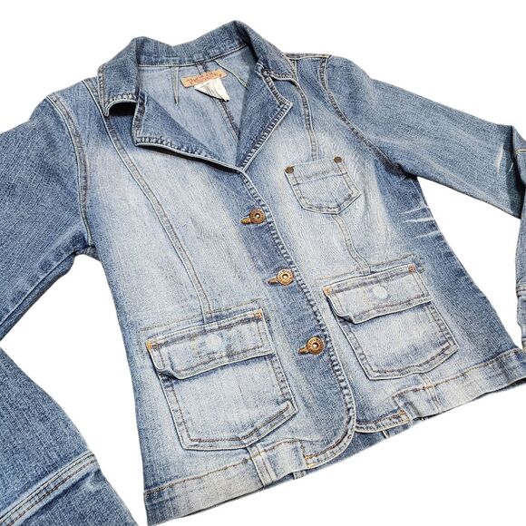Vintage Y2k Paris Blues Jean Jacket 90s Denim Blazer Blue Faded Fitted Burnout S - Picture 3 of 11